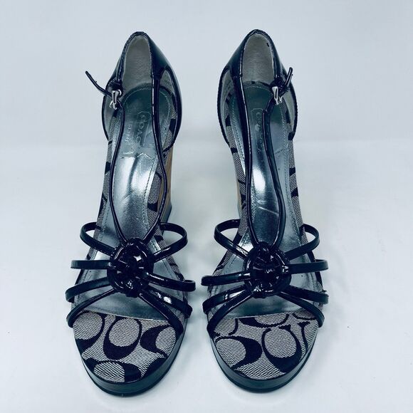 Coach Joslin Black Open-Toe Cork Heel Wedge Sandals Women's 7M - Great Condition - Picture 2 of 11